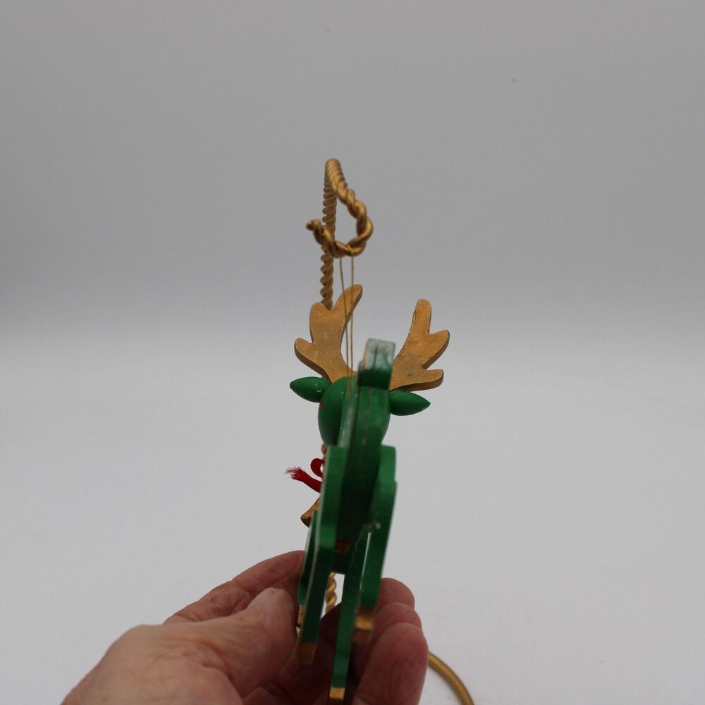 Vintage Green Red Nose reindeer wooden Christmas ornament Flowers Green - Picture 4 of 5